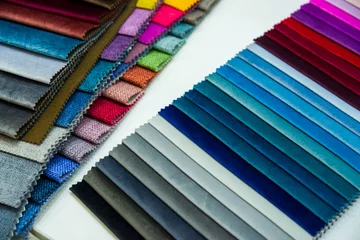 Fotobehang fabric samples for upholstered furniture, fabric texture for upholstered furniture close-up © Andrey