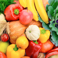 A set of fresh vegetables and fruits. Bright beautiful background.