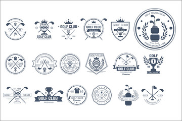 Vector set of vintage logos for golf club. Individual sports game. Monochrome emblems with balls, golf clubs, trophies, ribbons and crowns