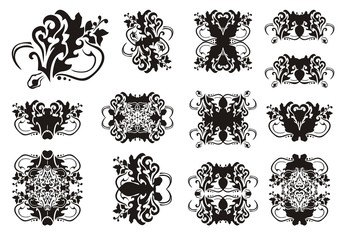 Ornate floral detailed design elements. Abstract vector set of the flower elements created on the basis of a snake for your design. Black on white