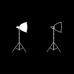 Spotlight on tripod Light projector Softbox on tripod Tripod light Equipment for professional photography Theater light icon set white color vector illustration flat style image