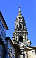 Fototapeta na wymiar Cathedral, Santiago de Compostela, Spain. Baroque Clock Tower from nearby street.