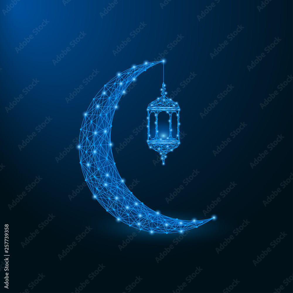 Poster low poly islamic crescent with lantern for ramadan kareem background. polygonal wireframe mesh. vect