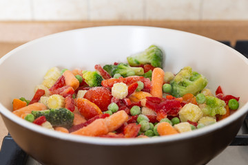 Frozen mixed vegetables in the pan.Healthy food and diet meal.Vegetarian dish.