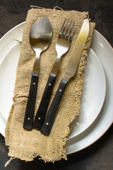cutlery rustic, used for eating or serving (fork, knife, spoon - set). food background. copy space