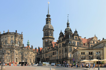 Fototapeta na wymiar Theatre square in Dresden with a view of the Hofkirche and the tower Hausmannstr