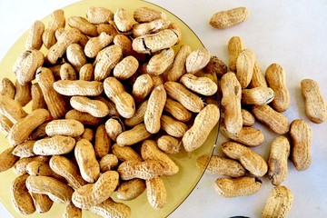 pistachios on a plate and on a white background