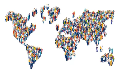 Poster Vector van menigte van multiculturele mensen die een wereldkaart samenstellen © Feodora