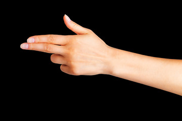 Woman hand pointing to the left with two fingers