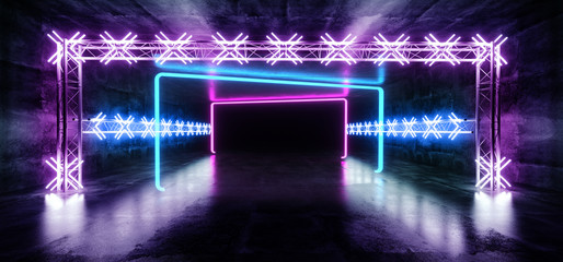 Sci Fi Futuristic Dance Stage Empty Metal Construction Structure Tunnel Underground Show Neon Glowing Laser Led Vibrant Purple Blue Grunge Concrete Floor 3D Rendering