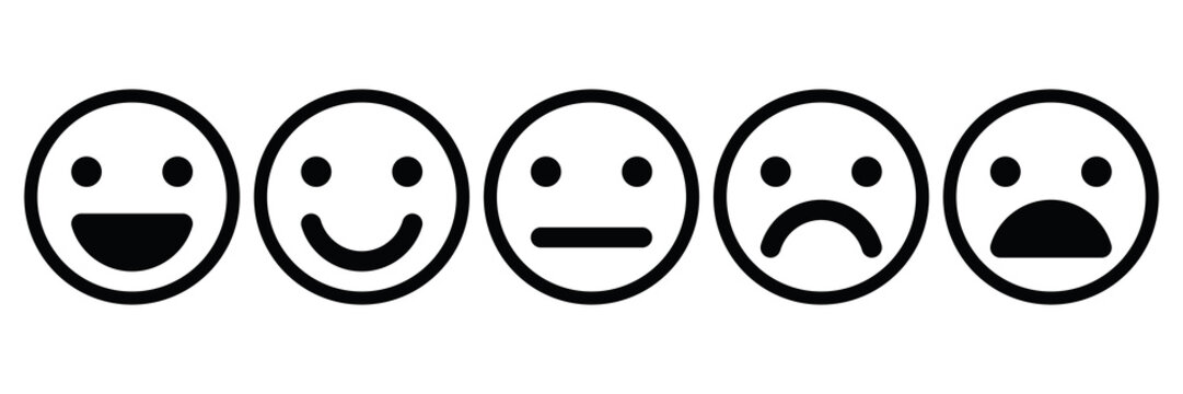 Basic emoticons set. Five facial expression of feedback - from positive to negative. Simple black outline vector icons