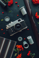 Flat lay hipster style old vintage photography camera