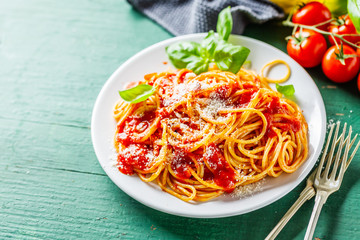 Tasty italian pizza with tomato sauce and parmesan