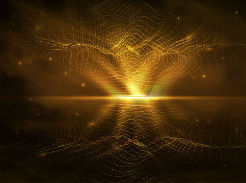 abstract gold lines in the style of waves, gold particles of digital waves and light. futuristic wave out of the lines and the glowing circle in the center in a realistic style. abstract futuristic te
