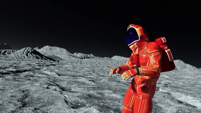 astronaut in orange exo suit exploring and dancing arround