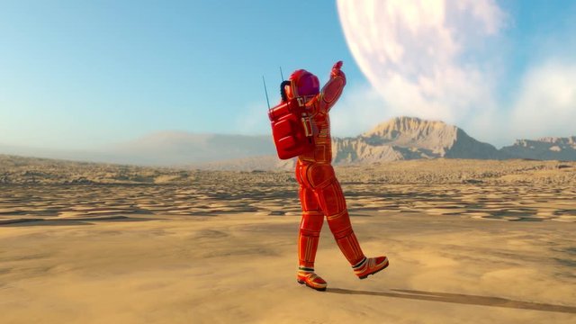astronaut in orange exo suit exploring and dancing arround on mars