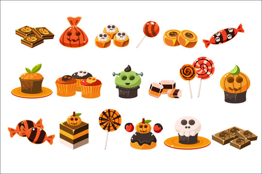 Colorful flat vector set of various Halloween sweets. Lollipops, delicious cupcakes and chocolate. Tasty desserts. Trick or treat