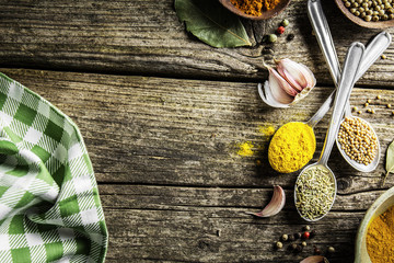 Spices in spoons on wooden background