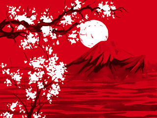 Japan traditional sumi-e painting. Watercolor and ink illustration in style sumi-e, u-sin. Fuji mountain, sakura, sunset. Japan sun. Indian ink illustration. Japanese picture, red background.