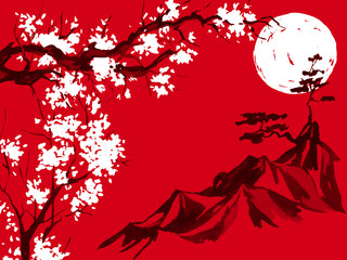 Japan traditional sumi-e painting. Watercolor and ink illustration in style sumi-e, u-sin. Fuji mountain, sakura, sunset. Japan sun. Indian ink illustration. Japanese picture, red background.