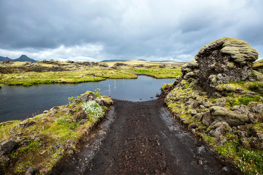 Lakagigavegur Road F207 Crossing The Ford In The Way To Lakagigar Volcanic Fissure Area In Southern Highlands Of Iceland.