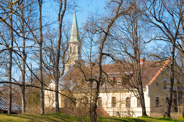 Fototapeta na wymiar Through the trees in early spring you can see the dome of the cathedral.