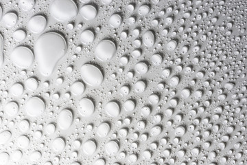 Droplets of water on a white, matte background illuminated with a delicate light.