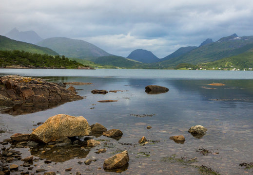 clouds over the fjord on Senya island in Norway
