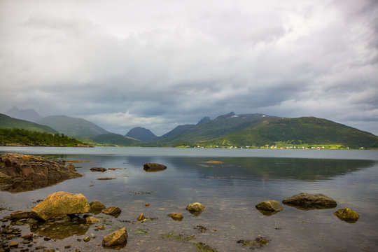 clouds over the fjord on Senya island in Norway