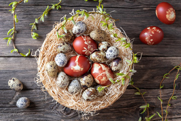 Easter eggs dyed with onion peels and quail eggs