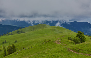 Fototapeta na wymiar composite landscape. fence near the cross road on hillside meadow in mountains.