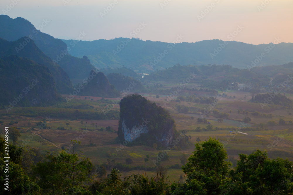 Wall mural sunrise on mountain landscape morning with fog