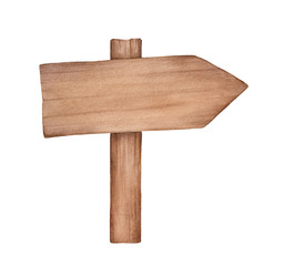 Small rustic wooden arrow signpost watercolor illustration. One side direction. Handmade watercolour sketchy painting on white, cutout clip art element for design, ready to personalize or customize. © Julija
