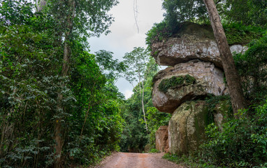 Huge rock formation in the jungles of the Kulen Mountains near Siem Reap