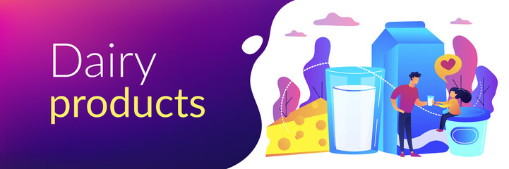 Dairy products, cheese, yoghurt and kid likes drinking milk, tiny people. Dairy products, milk based nutrition, dairy products production concept. Header or footer banner template with copy space.