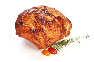 Traditional Honey Glazed pork roast, baked spicy meat, close-up, isolated on white background