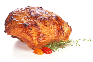 Traditional Glazed pork roast, baked spicy meat, close-up, isolated on white background