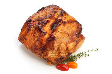 Traditional Honey Glazed pork roast, baked spicy meat, close-up, isolated on white background