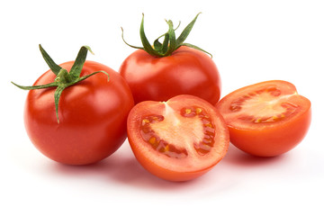 Fototapeta premium Juicy cherry tomatoes with half, close-up, isolated on white background
