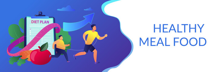 Businessman running and losing weight with diet plan and healthy food, tiny people. Weight loss diet, low-carb diet, healthy meal food concept. Header or footer banner template with copy space.
