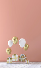 Party celebration composition with balloons and gift boxes. 3D Rendering