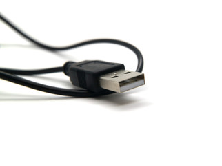 USB cable for electronic devices black color isolated on white background.
