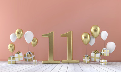 Number 11 birthday party composition with balloons and gift boxes. 3D Rendering