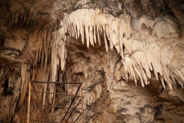 A large number of stalactites on the ceiling of the cave