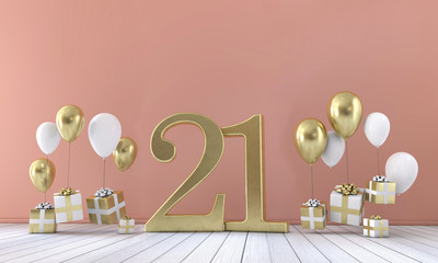 Number 21 birthday party composition with balloons and gift boxes. 3D Rendering