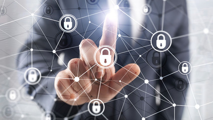 Cyber security, information privacy, data protection concept on modern server room background. Internet and digital technology concept