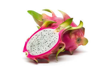 Dragon fruit or pitaya with slice isolated on white background, exotic tropical diet nutrition, healthy food