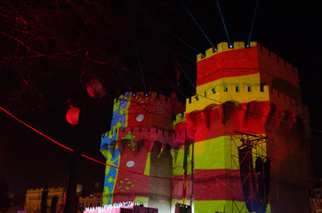 Serranos towers, Valencia. Torres de Serrano con la bandera de Valencia durante la Crida de las...