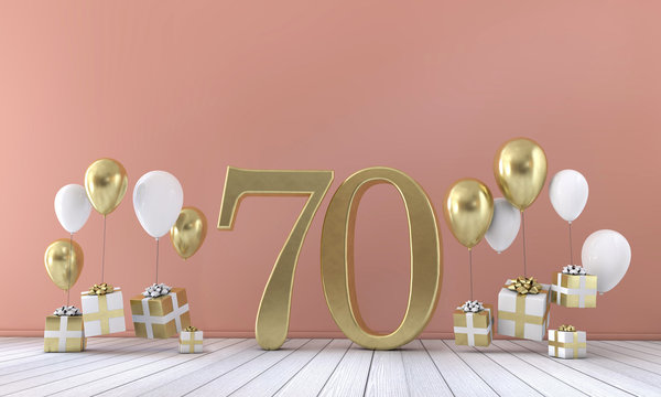 Number 70 birthday party composition with balloons and gift boxes. 3D Rendering