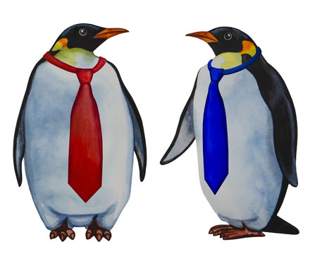 Two penguins in ties - watercolor drawing